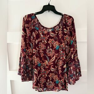 Cato brilliant burgundy and teal floral blouse size Medium